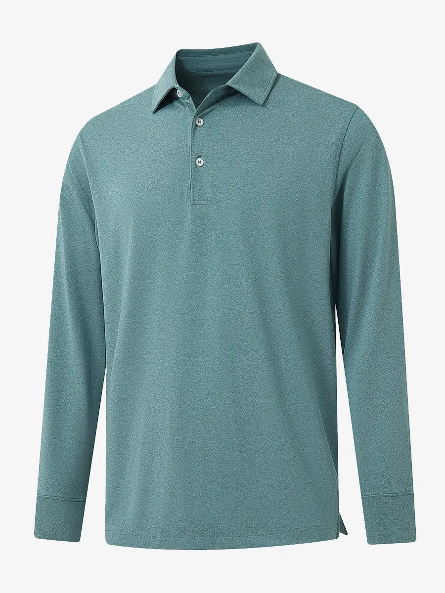 Aqua Heather Skin-friendly Long Sleeve Melange Polo – 3D flat shirt display