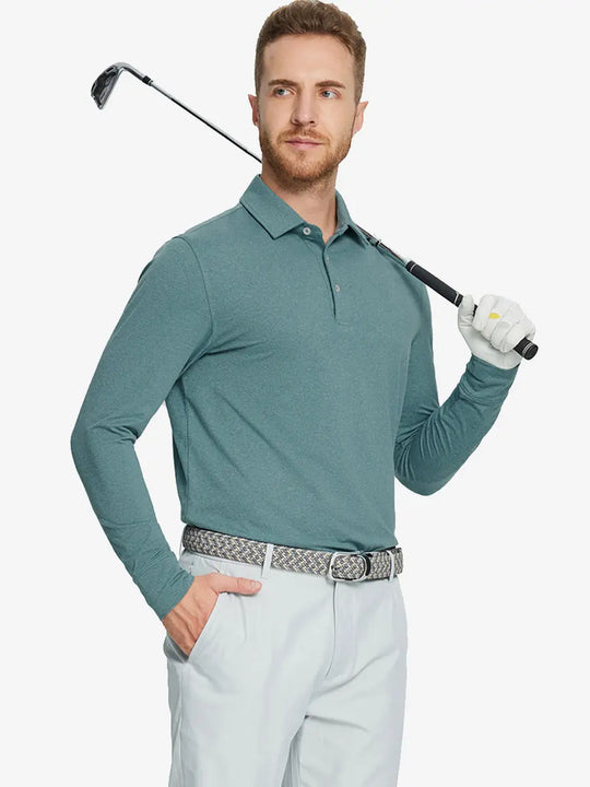 Model wearing Aqua Heather Skin-friendly Long Sleeve Melange Polo – front half-body holding golf club