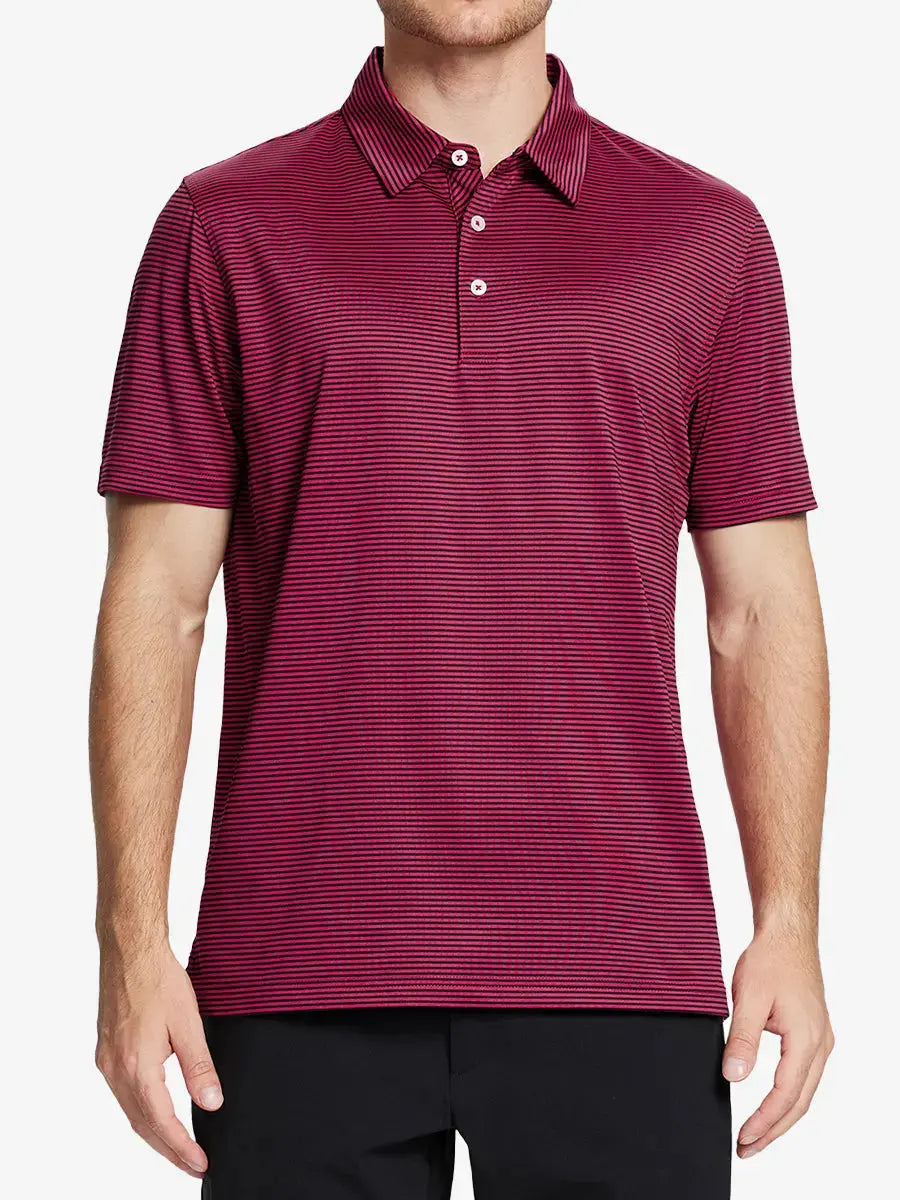 Half-body front shot: RED STRIPE polo styled for golf, striking yet polished color contrast