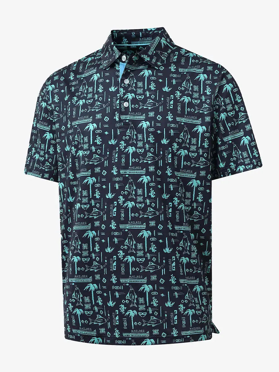 3D display of NAVY OCEAN BEACH polo showing ocean-inspired pattern and structure