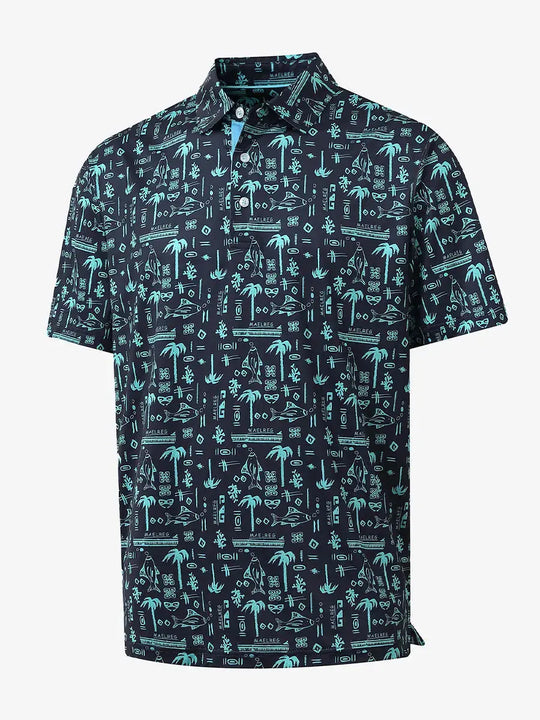 3D display of NAVY OCEAN BEACH polo showing ocean-inspired pattern and structure
