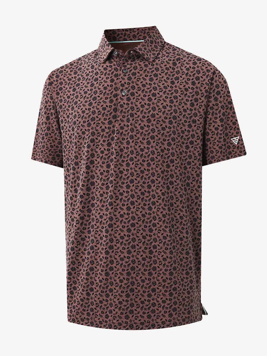 3D view of WINE RED FLOWER Popular Heather Print Polo showing texture and print details