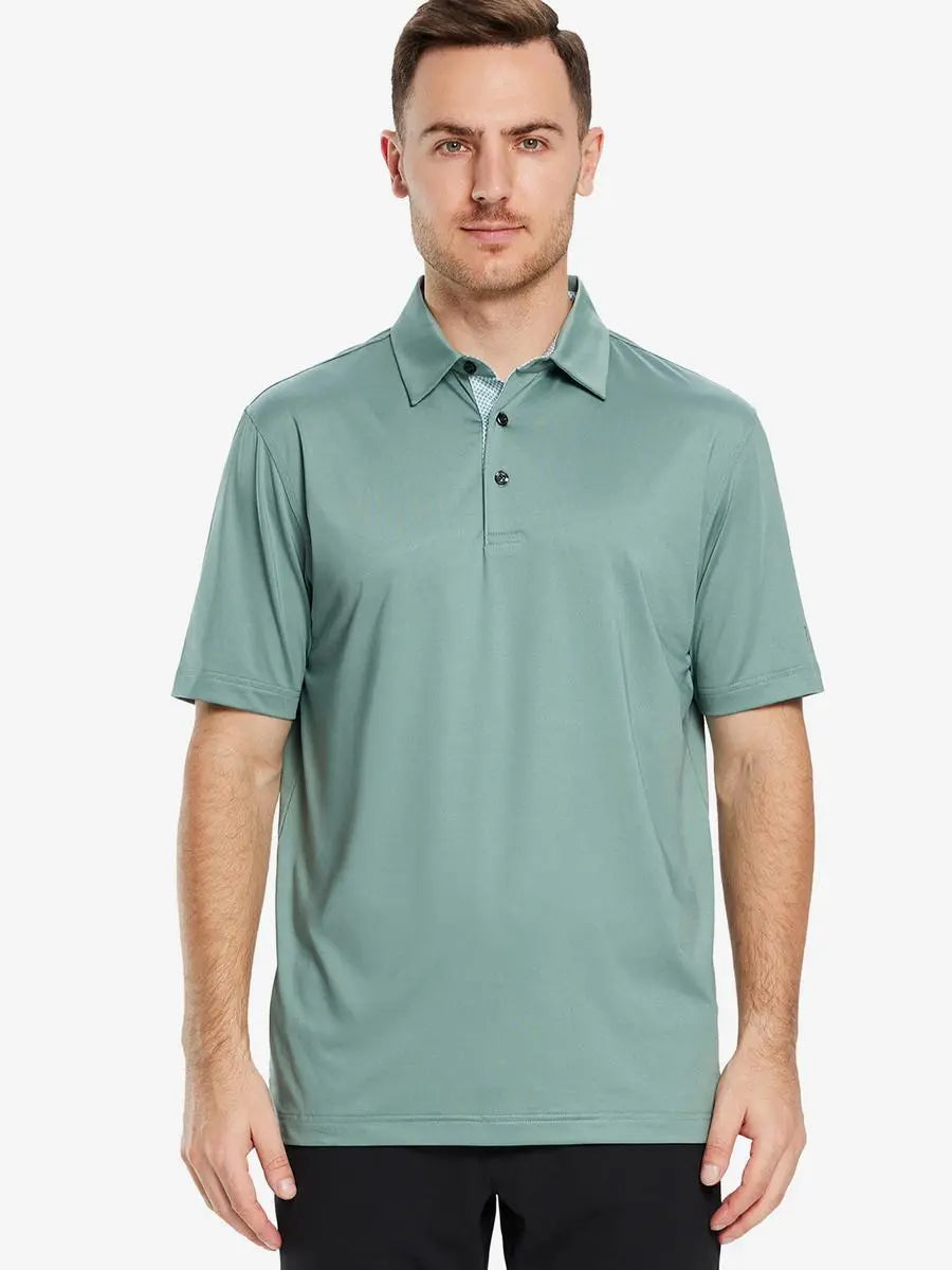 Front half-body view of male model in the Beryl Green Everyday Classic Solid Polo, standing still