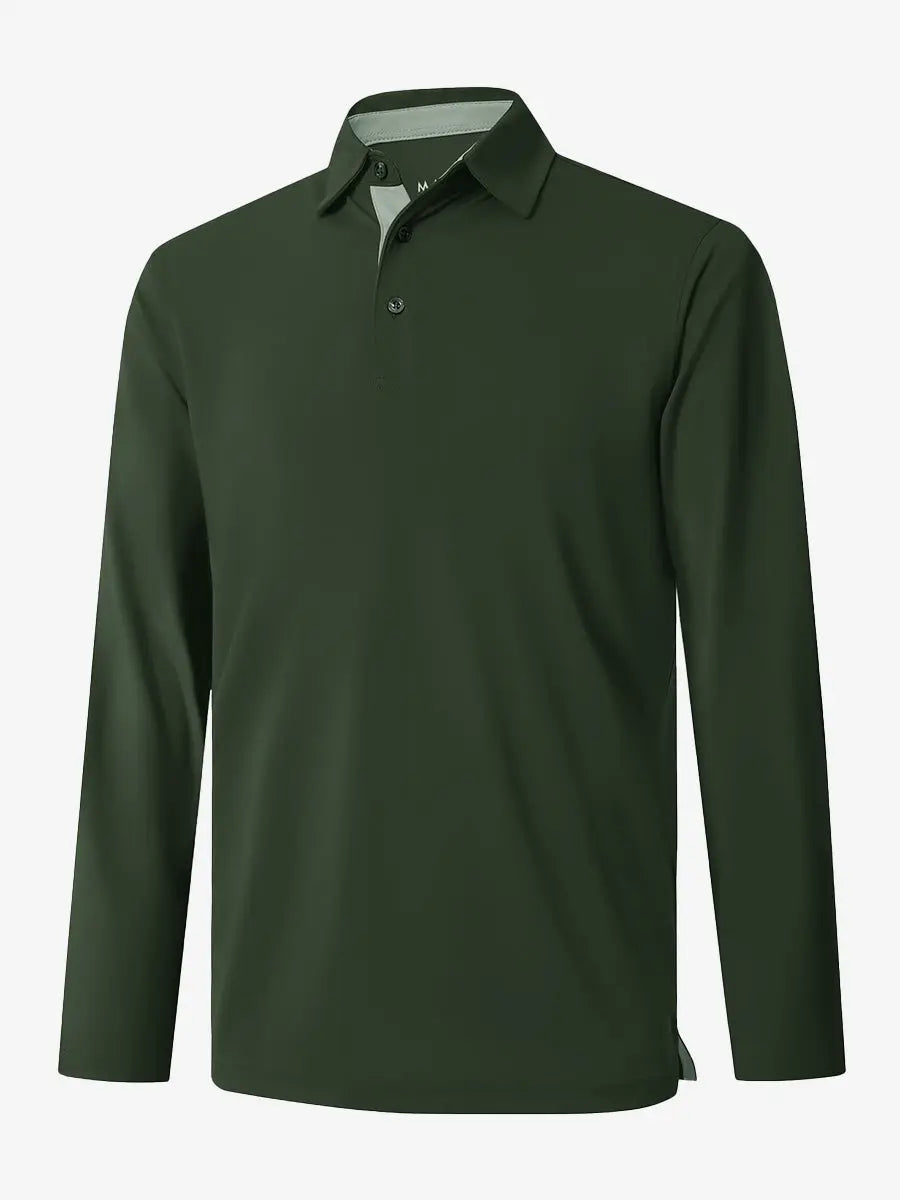 3D view of the olive green long sleeve pique polo, showcasing its natural design and comfortable fit.