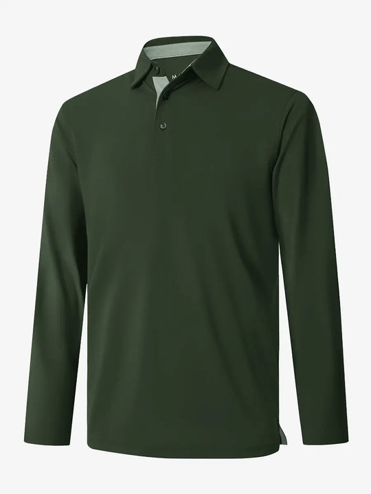 3D view of the olive green long sleeve pique polo, showcasing its natural design and comfortable fit.
