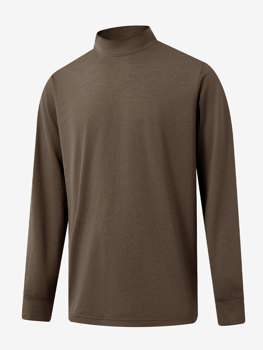 3D front display of Men’s Long Sleeve Mock Turtleneck Shirt in Brown, clean and modern fit.