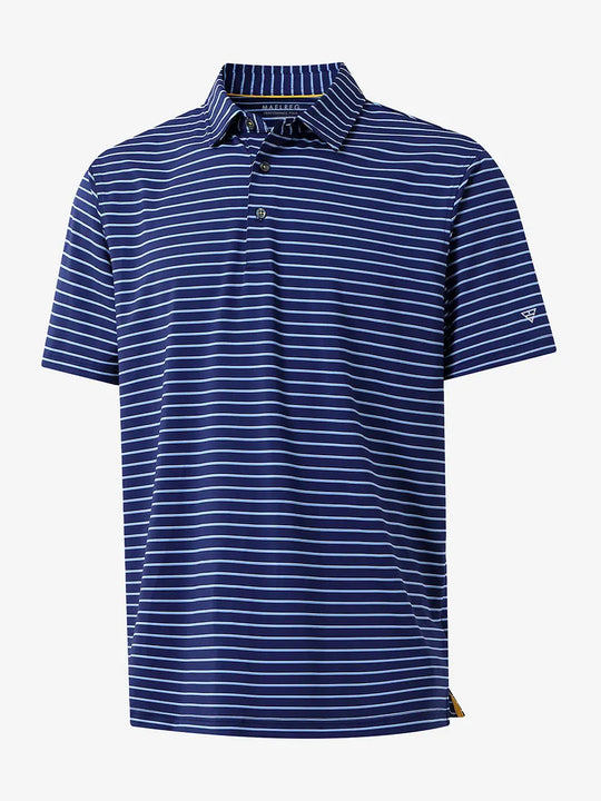 3D product view of NAVY/SKY BLUE STRIPE Youth Performance Golf Polo showing design and fit.