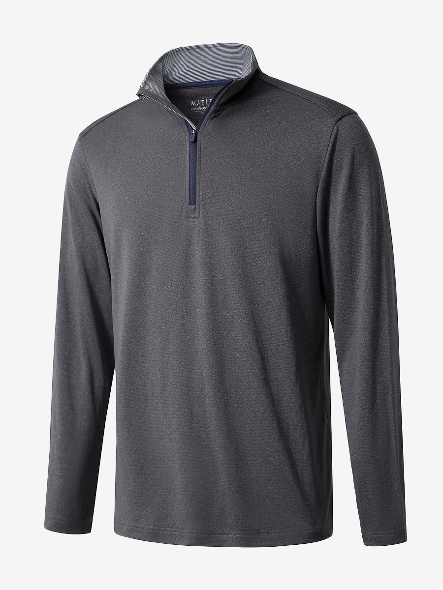 3D rendered display of the BLACK MELANGE Moisture Wicking Quarter Zip Pullover laid out in detail.