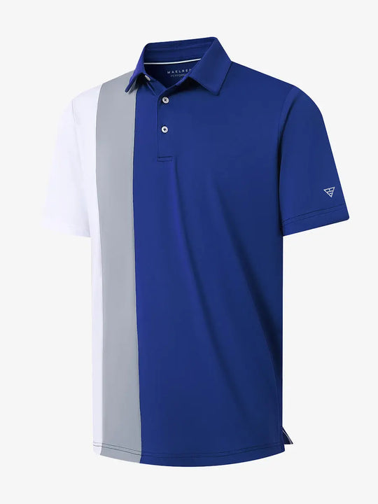 3D view of KLEIN BLUE Moisture Wicking Color Block Polo Shirt showing fabric and color block design.