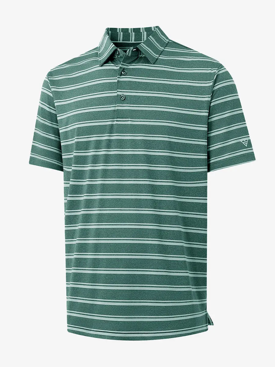 3D view of DARK GREEN STRIPE Performance Yarn Dye Striped Polo showing striped pattern and fit