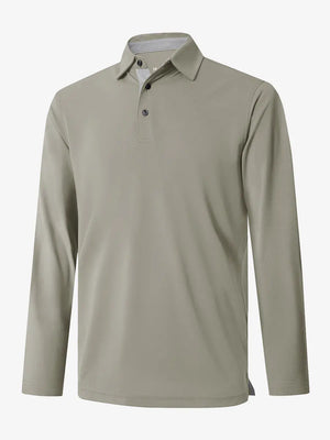 3D view of the light grey long sleeve pique polo, showcasing its casual style and sleek design.