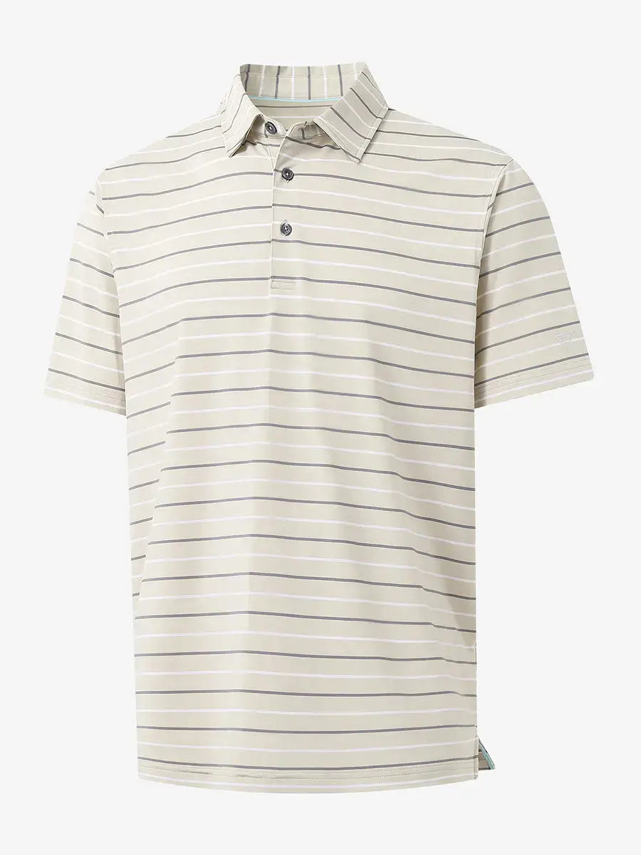 3D display of LIGHT KHAKI STRIPE Kids Stylish Stripe Polo Shirt showing stripes and design.