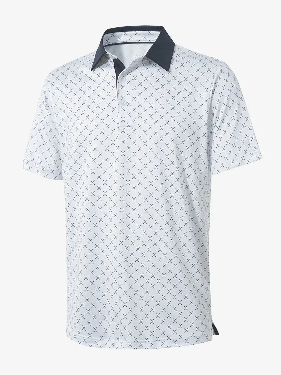 3D view of WHITE NAV CLUE Performance Quick Dry Print Golf Polo showing texture and fit.