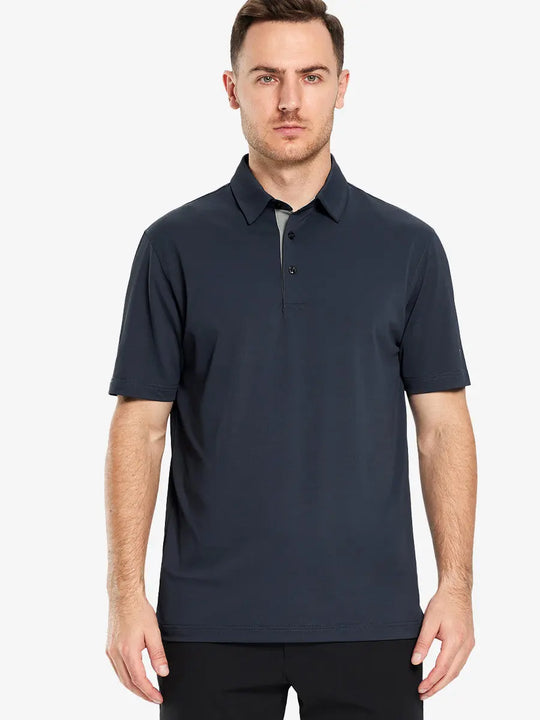 Half-body front pose with golf club in DARK GREY Ventilated Pique Performance Polo