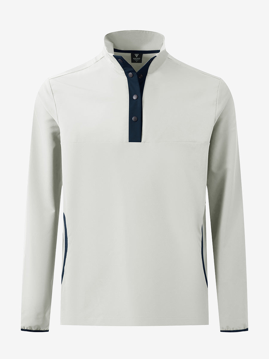 3D front view of the mock neck quarter button golf pullover in silver gray, sleek and modern design.