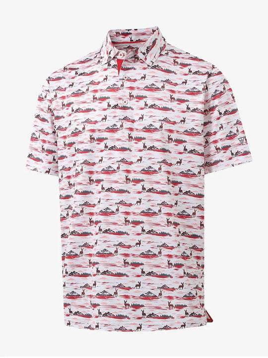 3D render showcasing SUNSET ELK polo’s detailed elk print and soft fabric texture