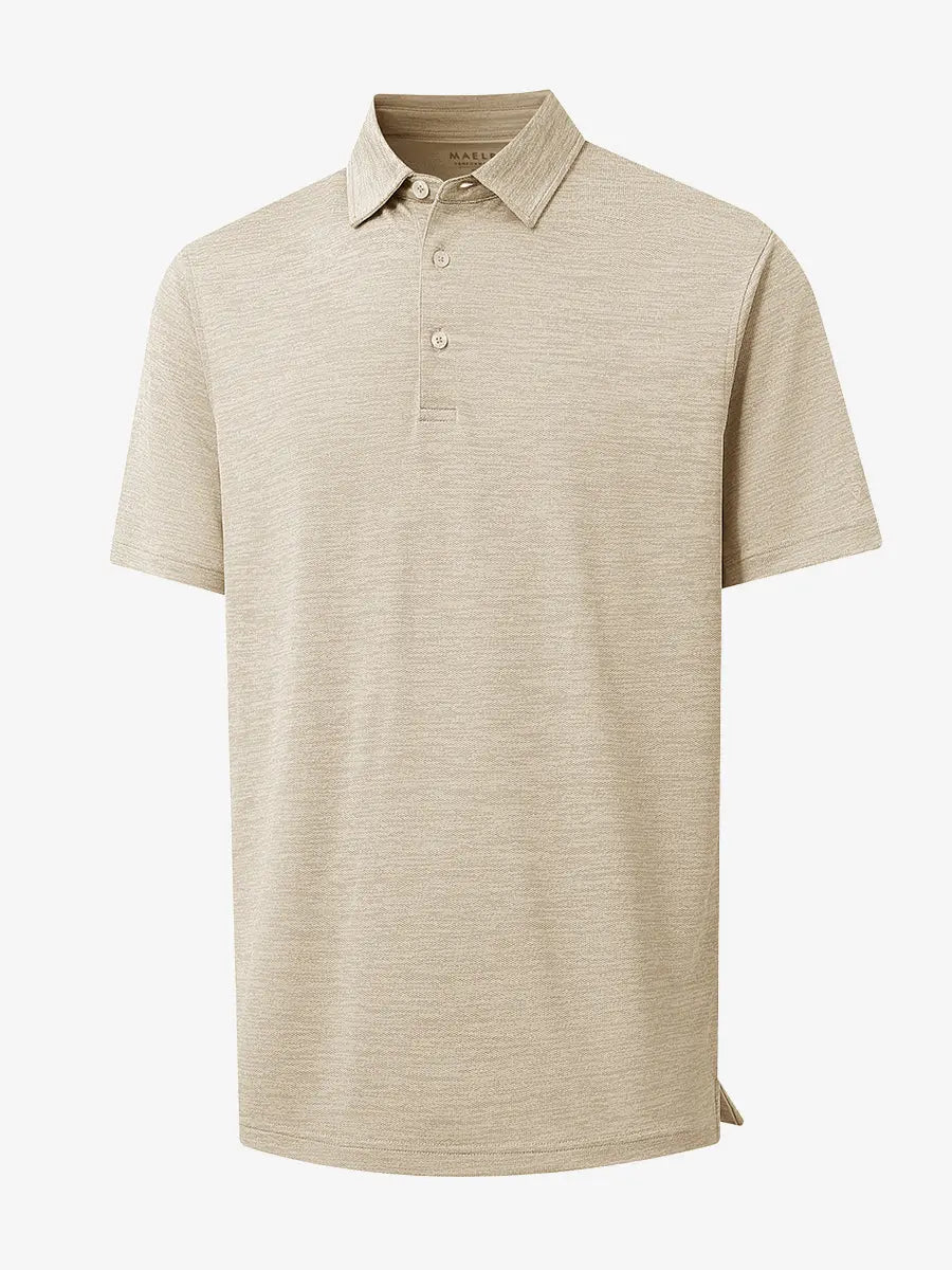 3D view of LIGHT KHAKI HEATHER Premium Stretch Heather Polo showing texture and fit.