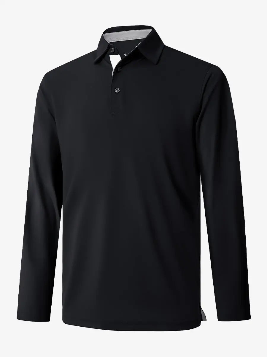 3D view of the blue long sleeve pique polo, highlighting its vibrant color and sleek design.