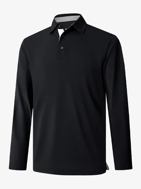 3D view of the blue long sleeve pique polo, highlighting its vibrant color and sleek design.