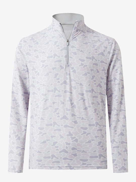 3D front view of the full print quarter zip pullover in brown grey camo, showcasing bold and modern style.