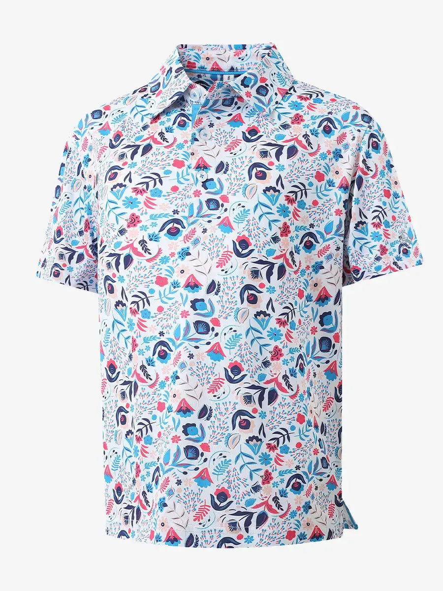 3D view showcasing the vibrant pattern on COLORFUL PLANTS Performance Print Boys Golf Polo