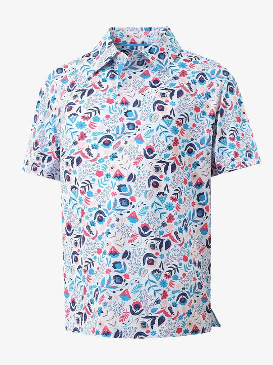 3D view showcasing the vibrant pattern on COLORFUL PLANTS Performance Print Boys Golf Polo