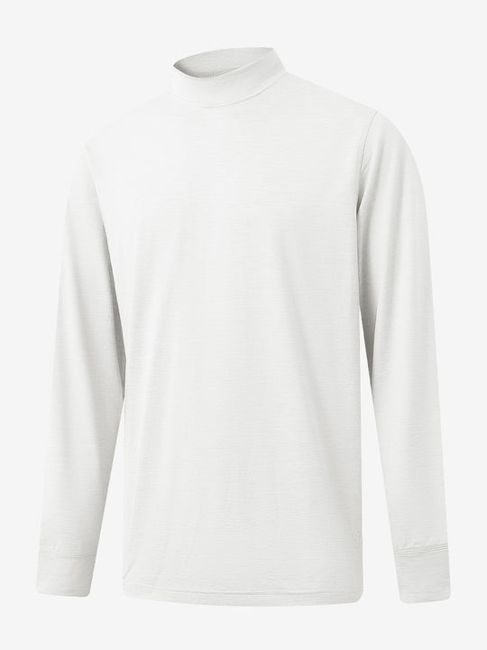 3D front display of Men’s Long Sleeve Mock Turtleneck Shirt in White, clean and modern fit.