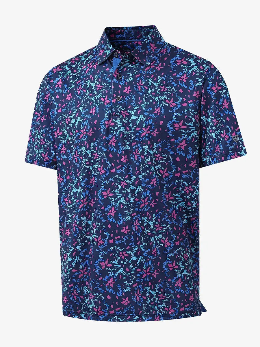 3D view showcasing the floral print on NAVY COLORFUL FLOWER Performance Print Boys Golf Polo