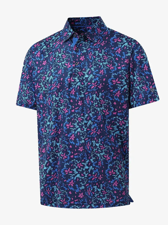 3D view showcasing the floral print on NAVY COLORFUL FLOWER Performance Print Boys Golf Polo