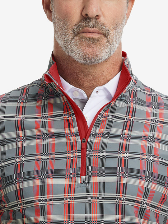 Close-up from nose to chest, showing zipper collar detail and fabric pattern of the red/black/white plaid pullover.