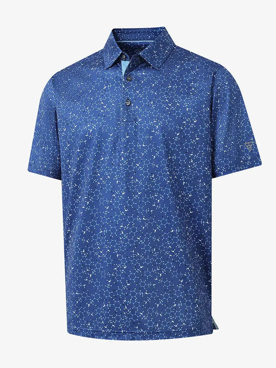 3D angle showing molecular pattern on BLUE MOLECULAR STRUCTURE Performance Print Boys Polo