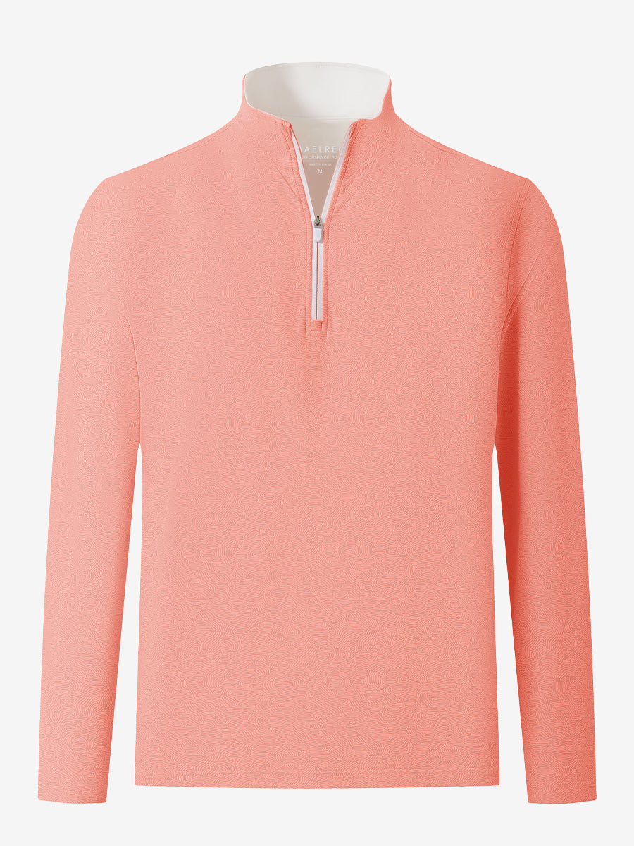 3D front view of the full print quarter zip pullover in red line, showcasing bold and modern style.