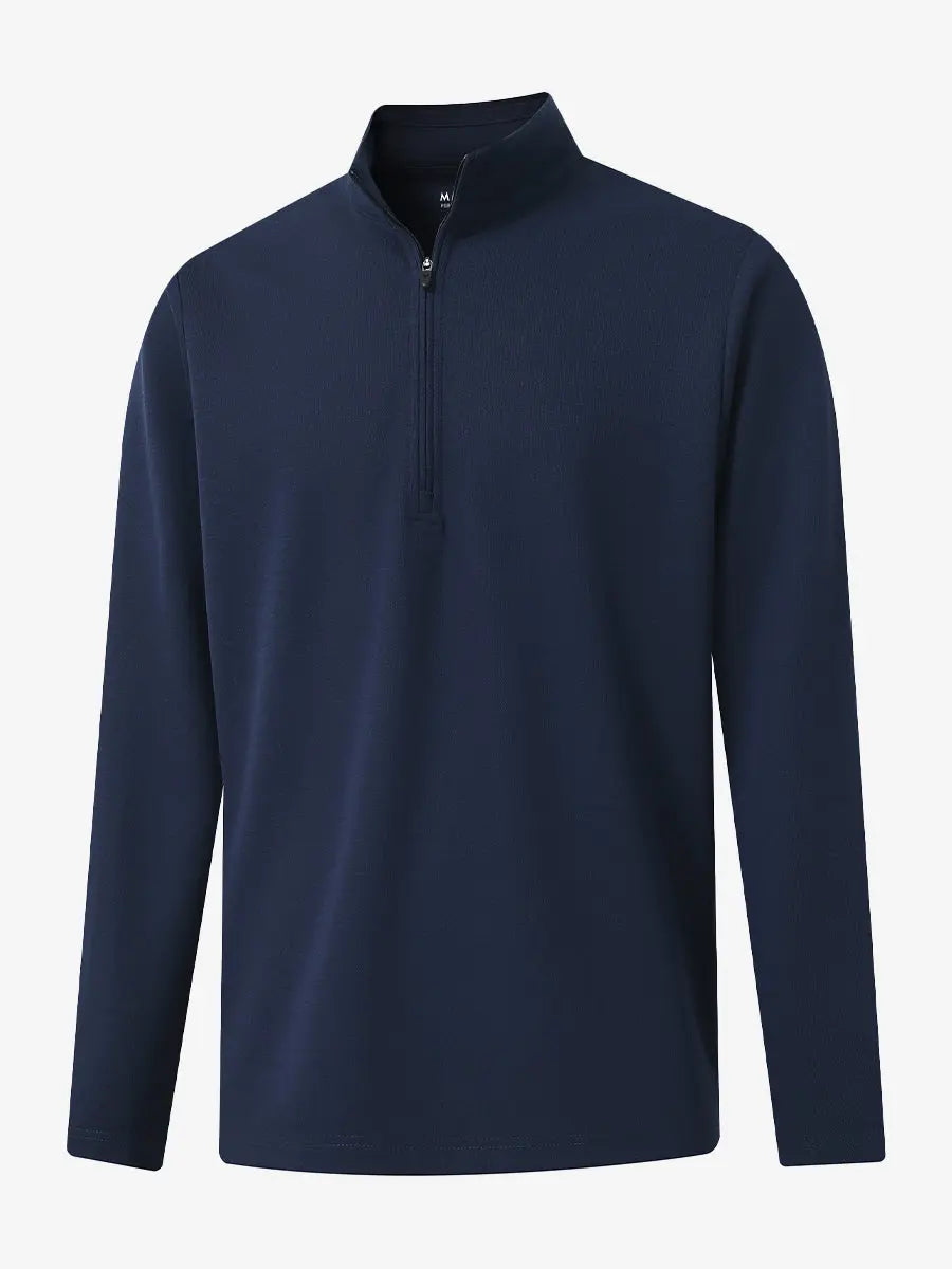 3D view of NAVY Premium Jacquard Quarter Zip Pullover showcasing texture and fit.								
