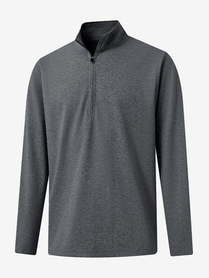 Front 3D view of Premium jacquard quarter zip pullover in dark grey with refined structure
