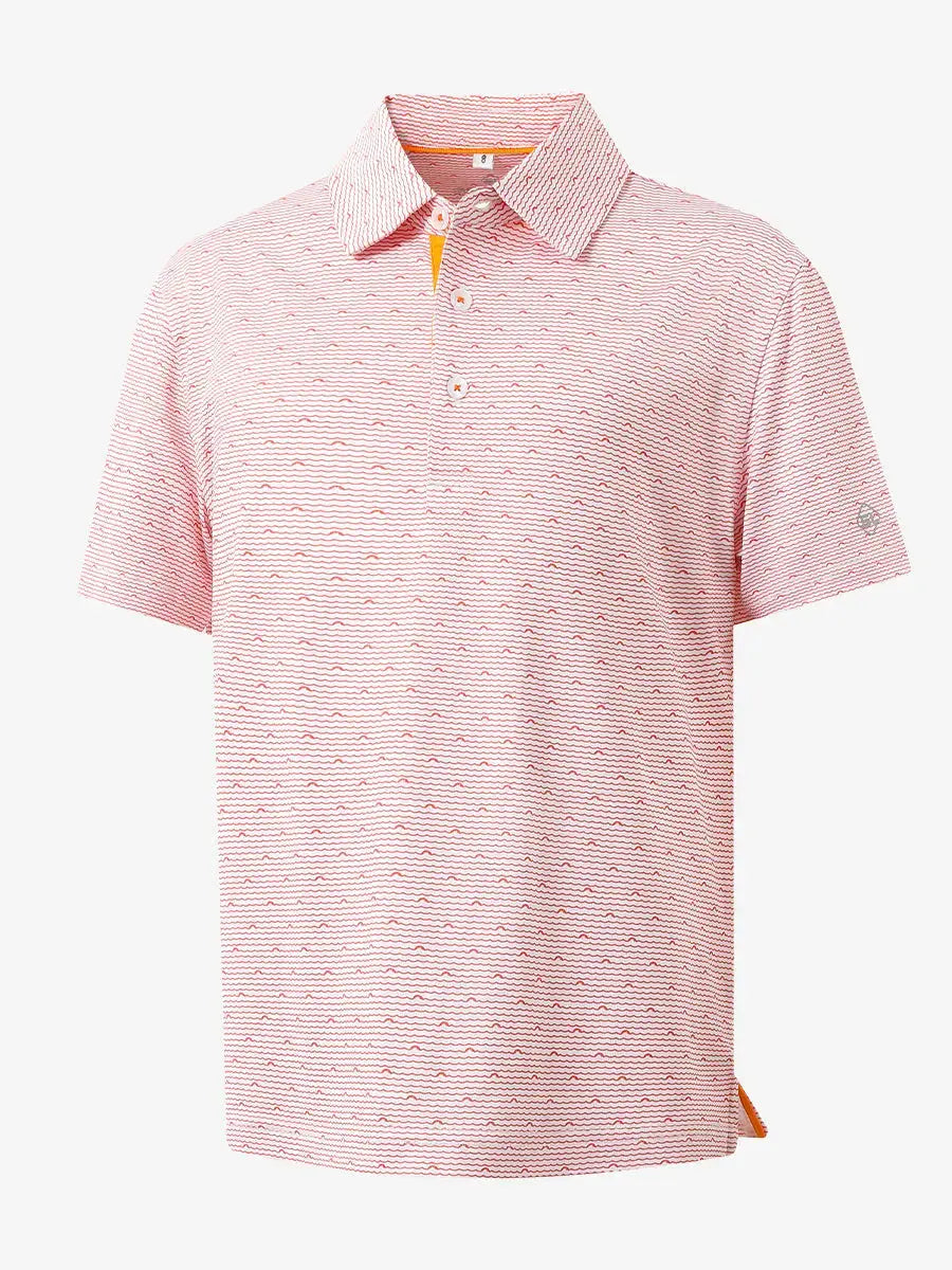 3D view showcasing the sea wave pattern on ORANGE SEA WAVE Performance Print Boys Golf Polo