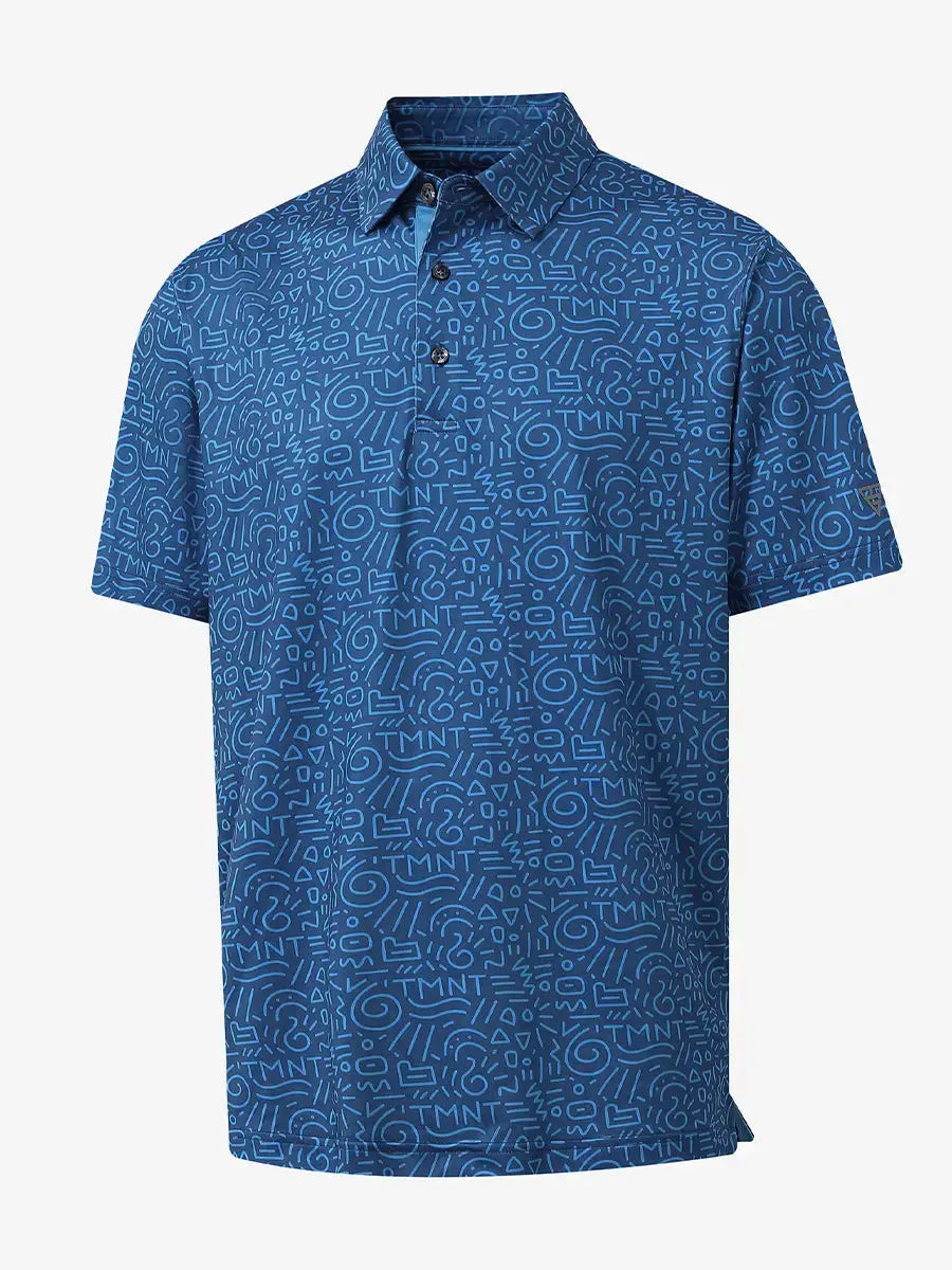 3D view highlighting graffiti print design on BLUE GRAFFITI Performance Print Boys Golf Polo