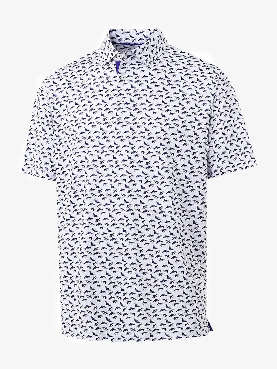 3D view of MAELREG Performance Jersey Print Polo in White Purple Shark – breathable golf fabric