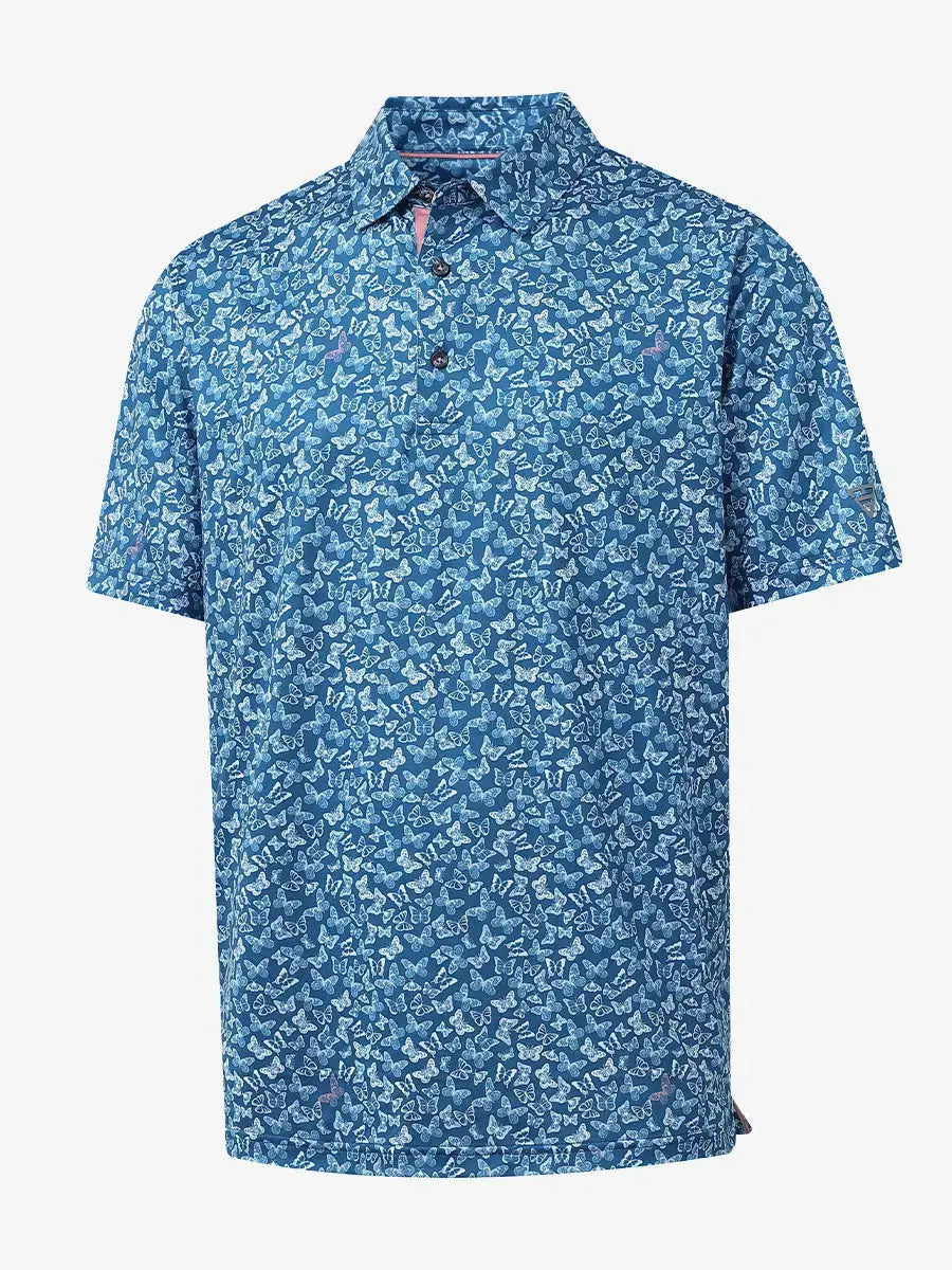 3D view of MAELREG Performance Jersey Print Polo in Blue White Butterfly – breathable golf fabric