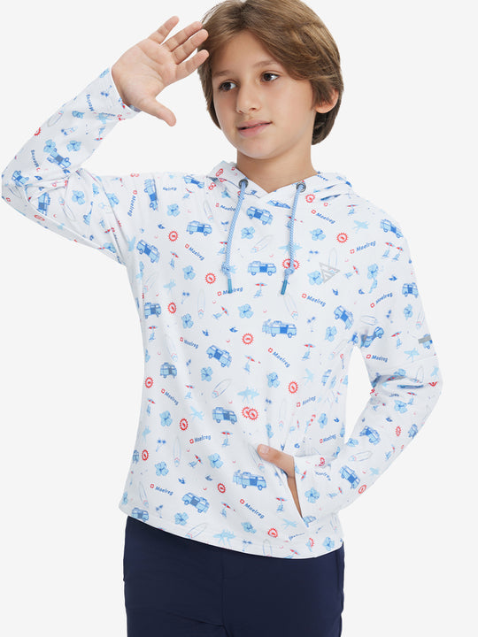 Model front upper body with one hand in pocket, stylish youth full print hoodies pullover in white cartoon toy.
