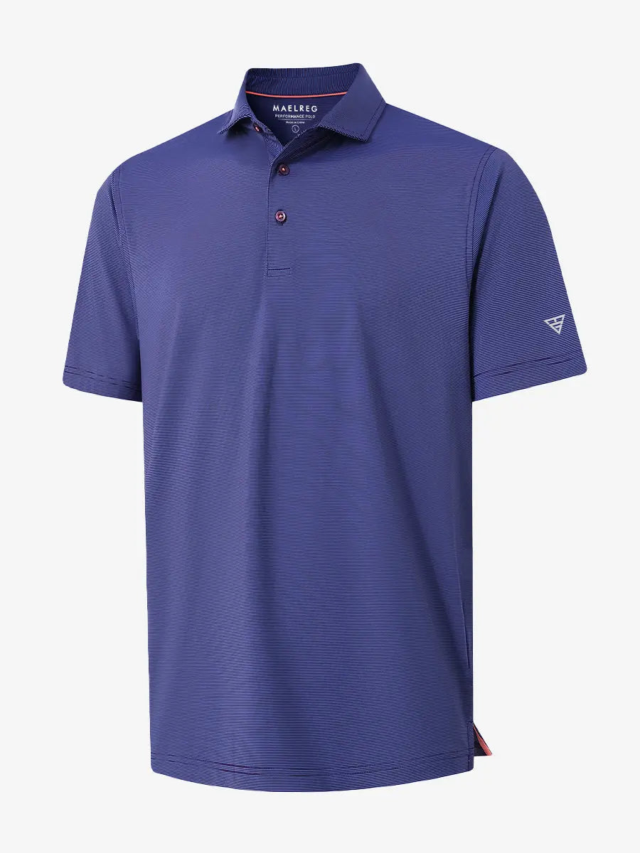 Folded PLUM BLUE STRIPE Pinstripe Jersey Performance Polo neatly displayed								
