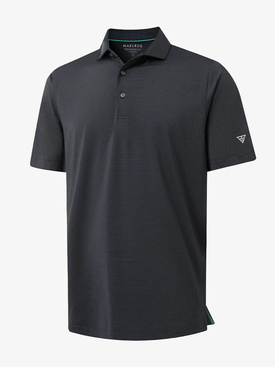 Folded Black Stripe Pinstripe Jersey Performance Polo neatly displayed								
