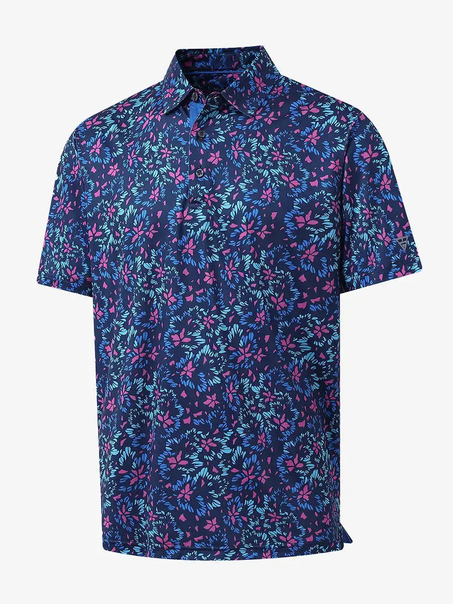 3D view of MAELREG Performance Jersey Print Polo in Navy Colorful Flower – breathable golf fabric