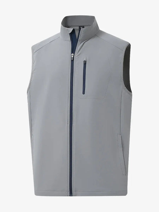3D view of the light grey windproof golf vest, showcasing its sleek design and functional zippered pockets.