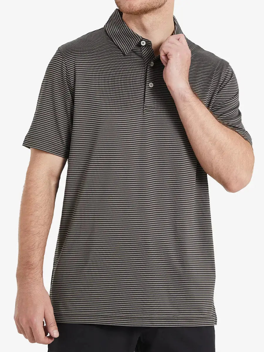 Half-body front shot of model in Cooling Stripe Golf Shirt, displaying fit and style – BLACK STRIPE