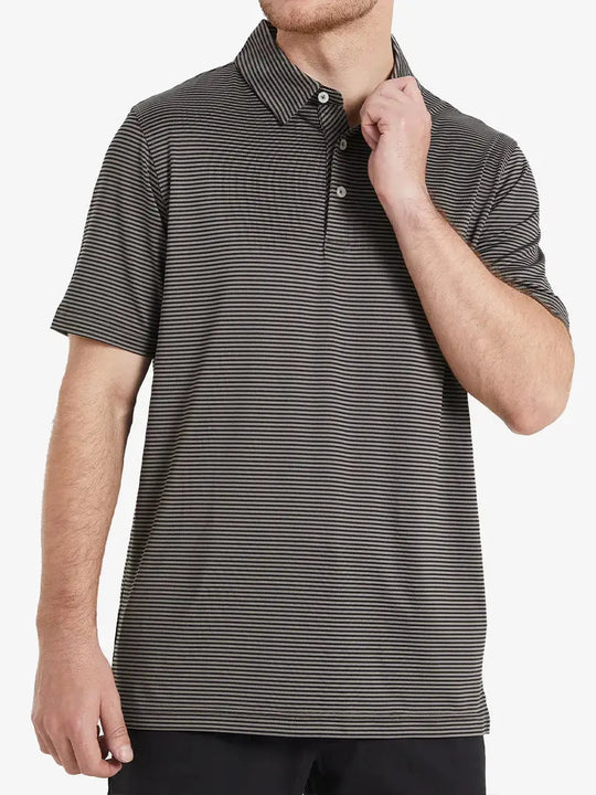 Half-body front shot of model in Cooling Stripe Golf Shirt, displaying fit and style – BLACK STRIPE