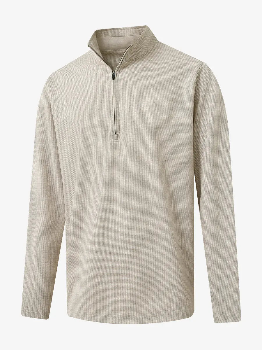 3D view of KHAKI HOUNDSTOOTH Premium Jacquard Quarter Zip Pullover showcasing texture and fit.								
