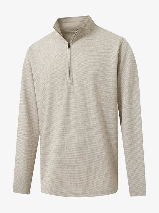 3D view of KHAKI HOUNDSTOOTH Premium Jacquard Quarter Zip Pullover showcasing texture and fit.								
