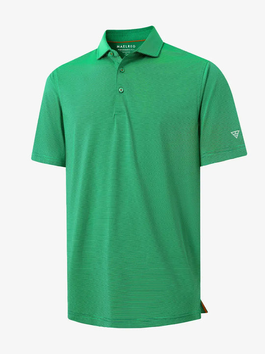 Folded GREEN STRIPE Pinstripe Jersey Performance Polo neatly displayed								
