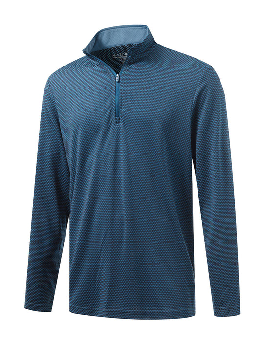 Front 3D view of jacquard quarter zip pullover in navy/blue, showing its textured fabric design.