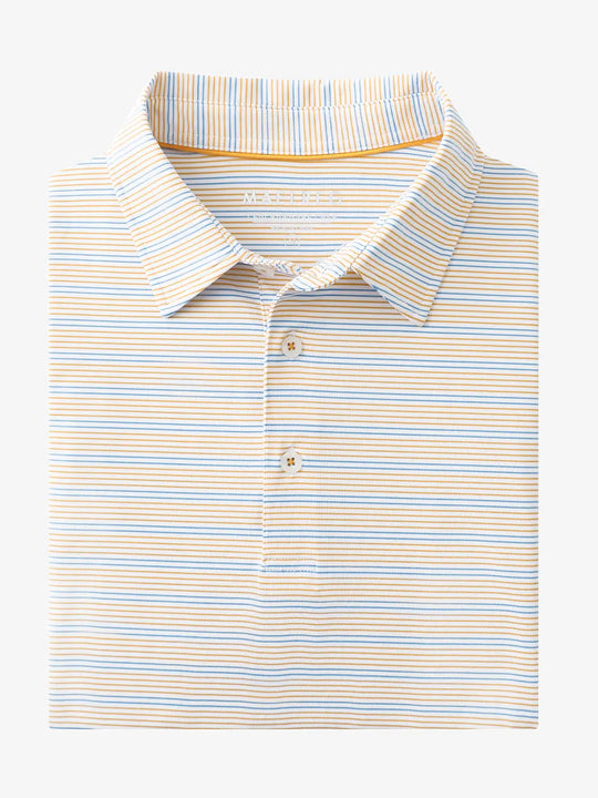 Folded Orange Blue Stripe Performance Stripe Golf Shirt displayed flat